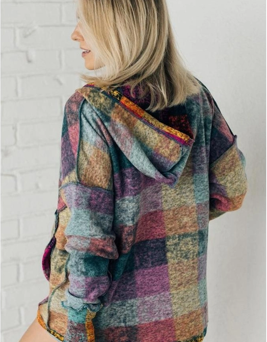 Multicolor Brushed Plaid Buttoned Pullover Oversized Hoodie