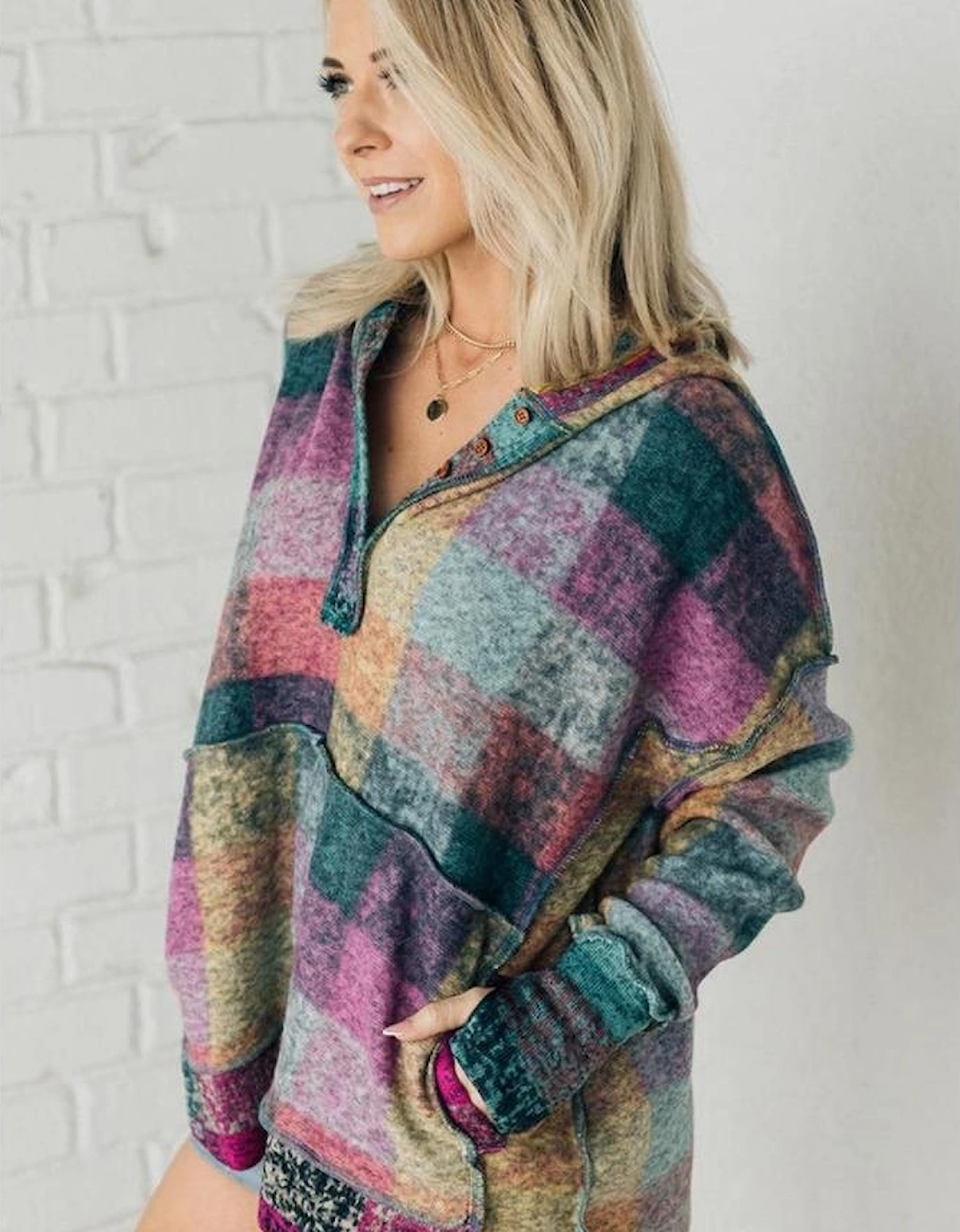 Multicolor Brushed Plaid Buttoned Pullover Oversized Hoodie