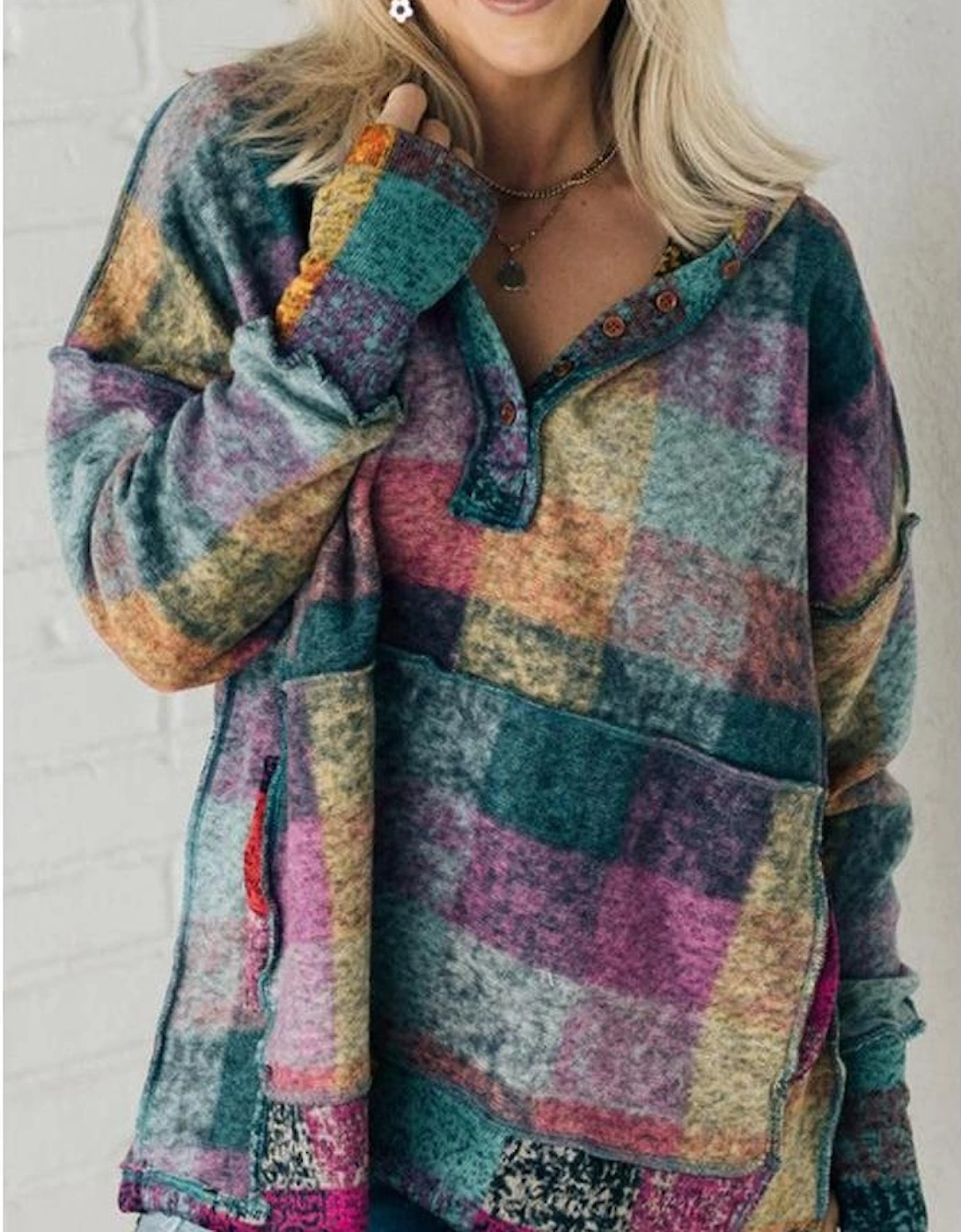 Multicolor Brushed Plaid Buttoned Pullover Oversized Hoodie