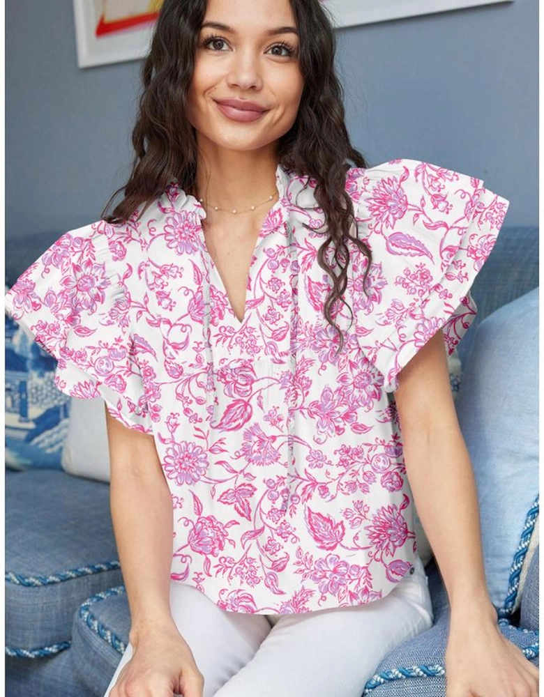Pink Baroque Floral Ruffle Sleeve V Neck Blouse Top
