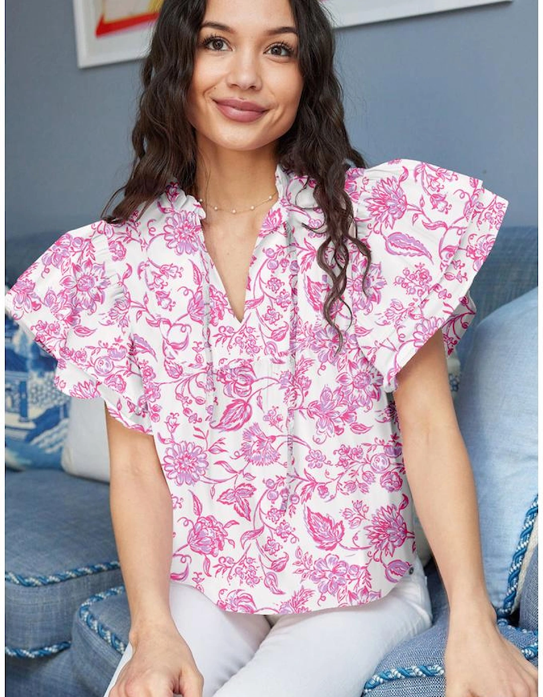 Pink Baroque Floral Ruffle Sleeve V Neck Blouse Top, 4 of 3