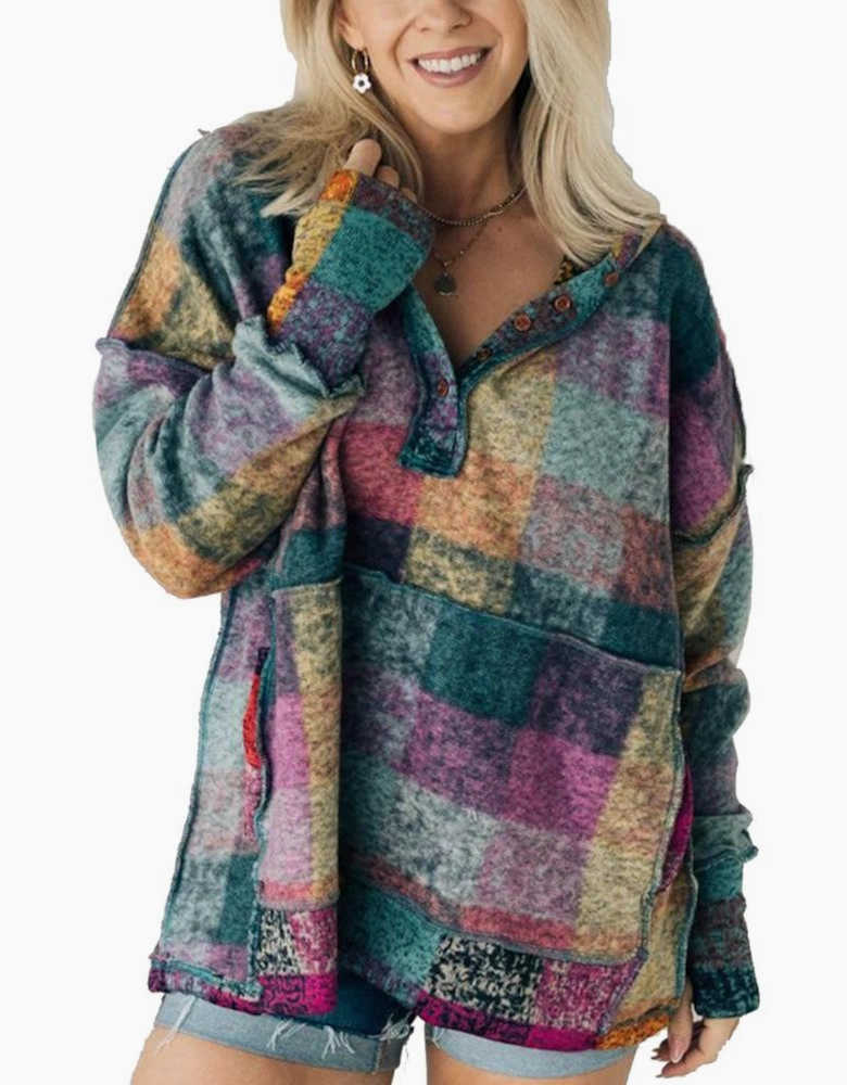 Multicolor Brushed Plaid Buttoned Pullover Oversized Hoodie