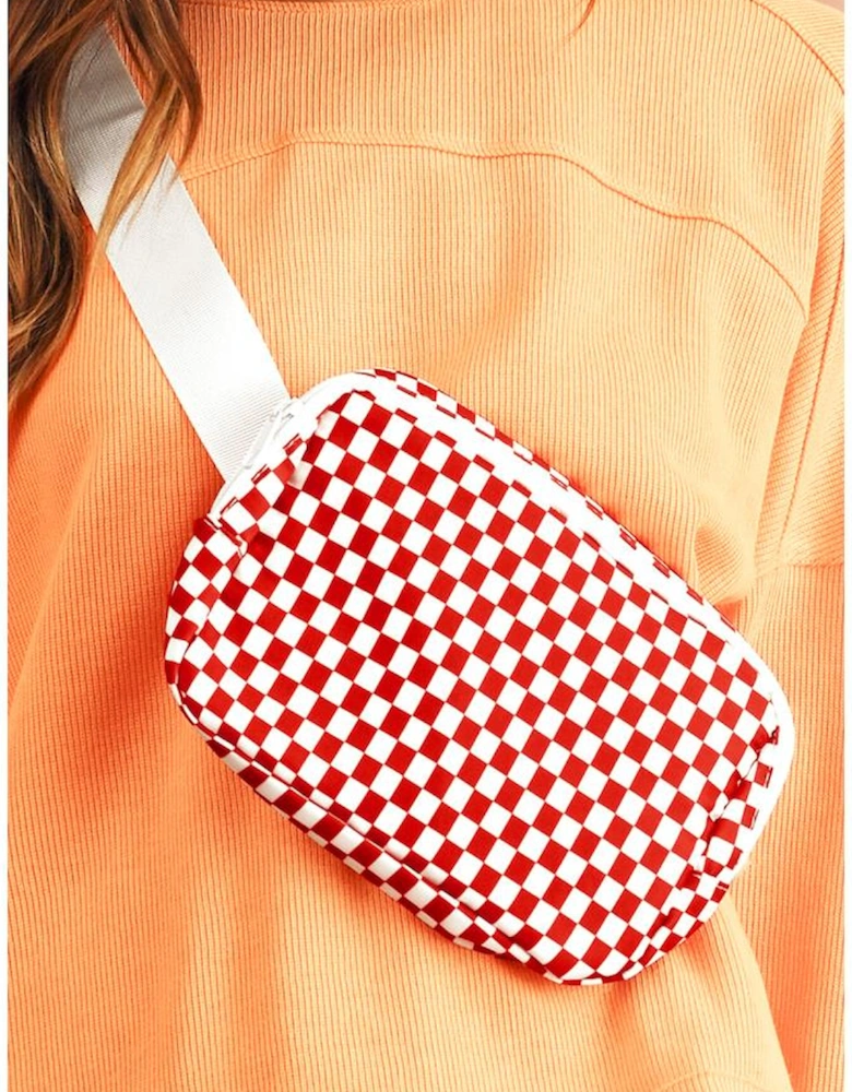 Fiery Red Checkered Print Zipped Buckle Strap Crossbody Bag