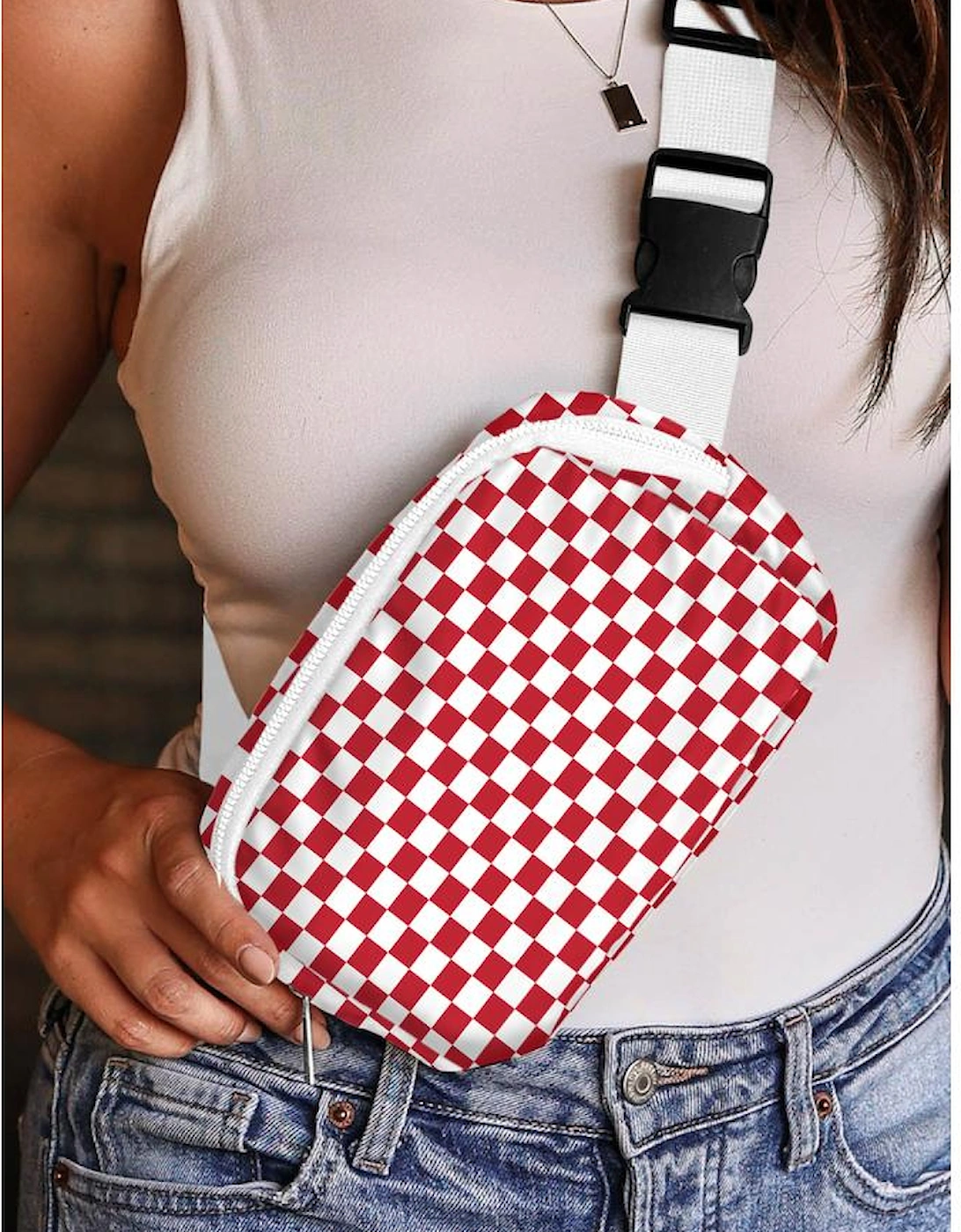 Fiery Red Checkered Print Zipped Buckle Strap Crossbody Bag