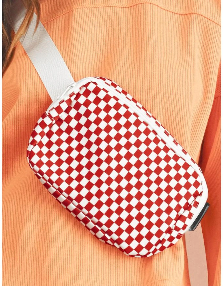 Fiery Red Checkered Print Zipped Buckle Strap Crossbody Bag