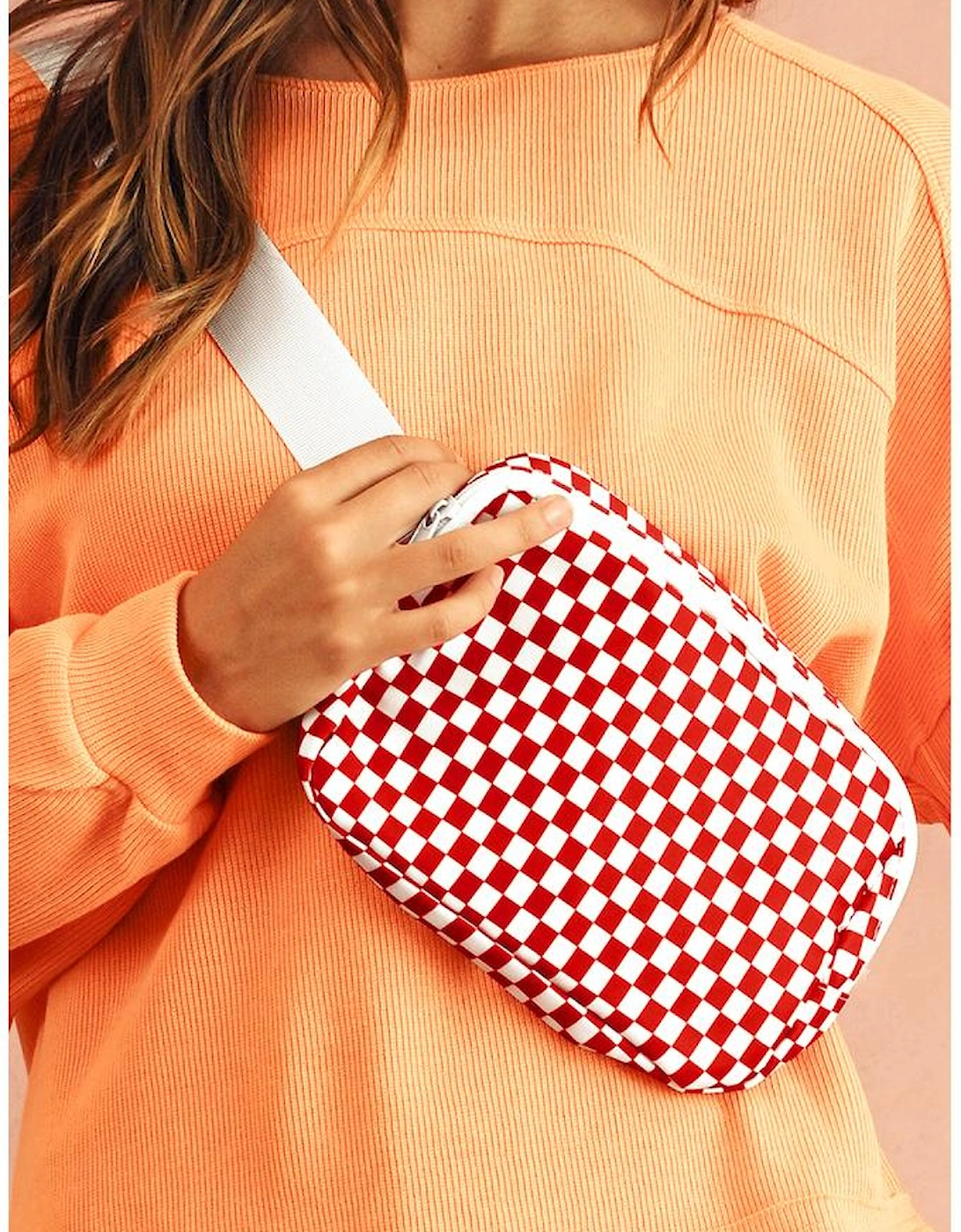 Fiery Red Checkered Print Zipped Buckle Strap Crossbody Bag