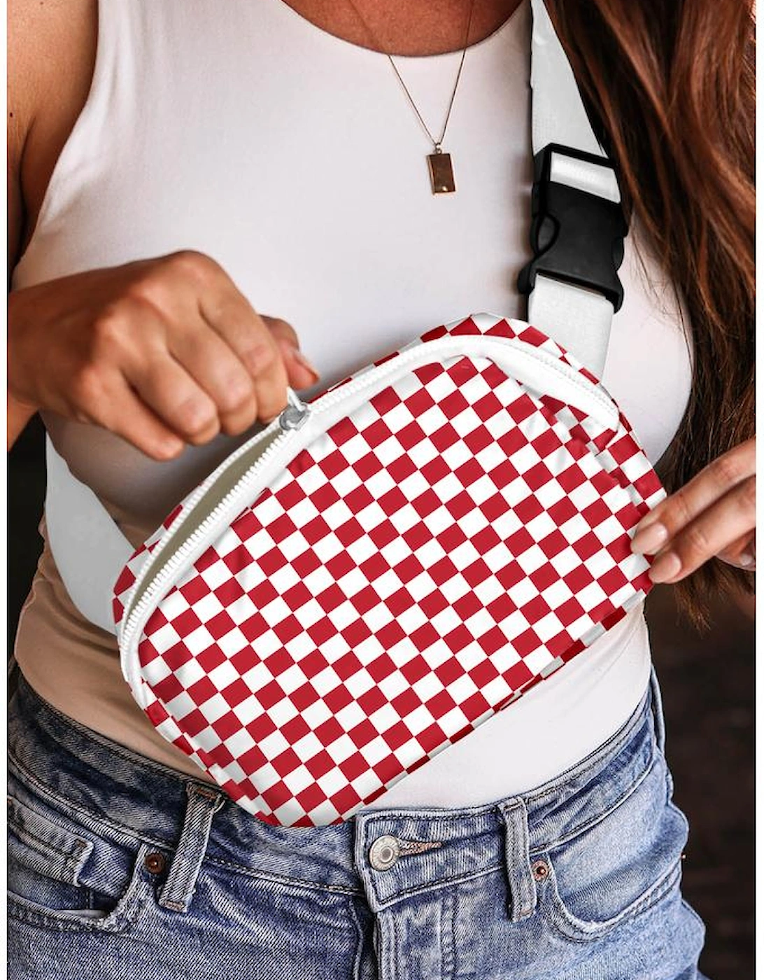 Fiery Red Checkered Print Zipped Buckle Strap Crossbody Bag