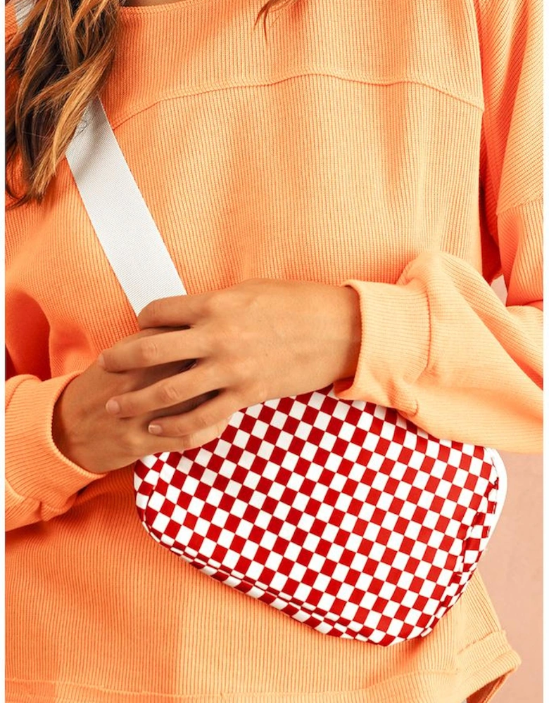 Fiery Red Checkered Print Zipped Buckle Strap Crossbody Bag