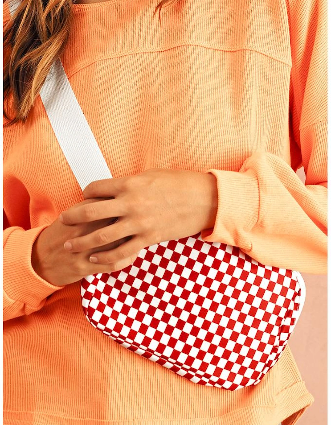 Fiery Red Checkered Print Zipped Buckle Strap Crossbody Bag
