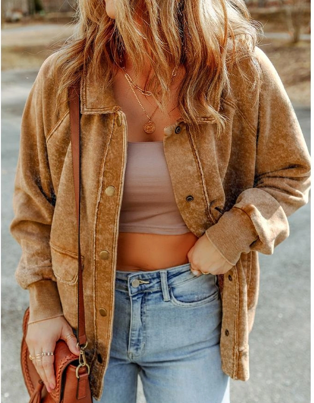 Khaki Vintage Washed Flap Pocket Button Shacket