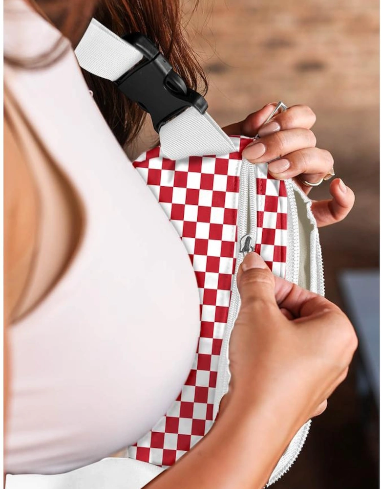 Fiery Red Checkered Print Zipped Buckle Strap Crossbody Bag