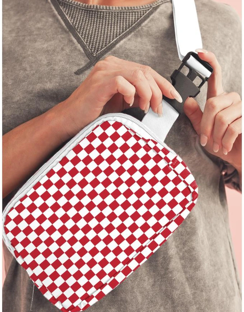 Fiery Red Checkered Print Zipped Buckle Strap Crossbody Bag