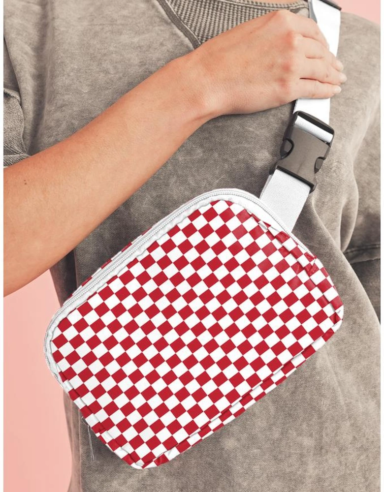 Fiery Red Checkered Print Zipped Buckle Strap Crossbody Bag
