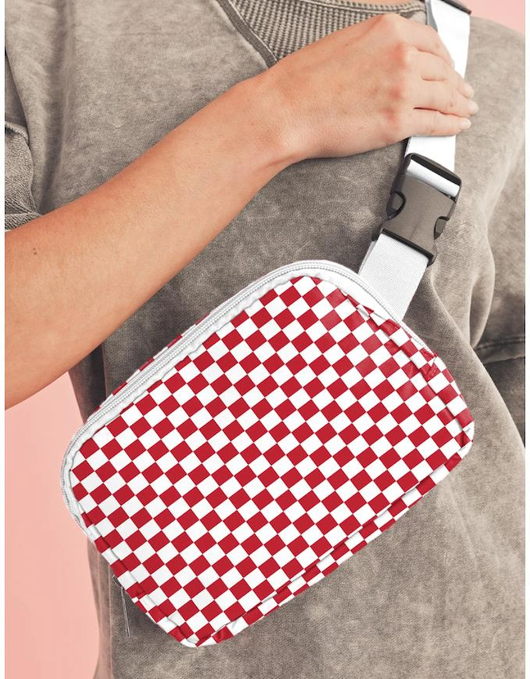 Fiery Red Checkered Print Zipped Buckle Strap Crossbody Bag