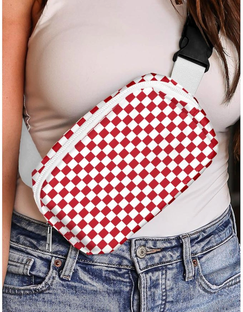 Fiery Red Checkered Print Zipped Buckle Strap Crossbody Bag