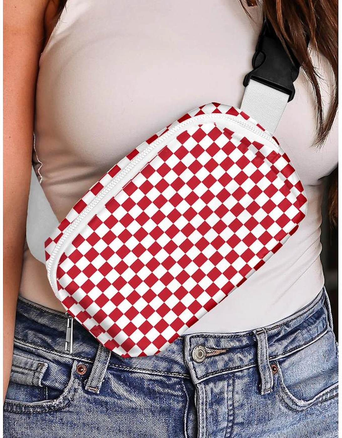 Fiery Red Checkered Print Zipped Buckle Strap Crossbody Bag