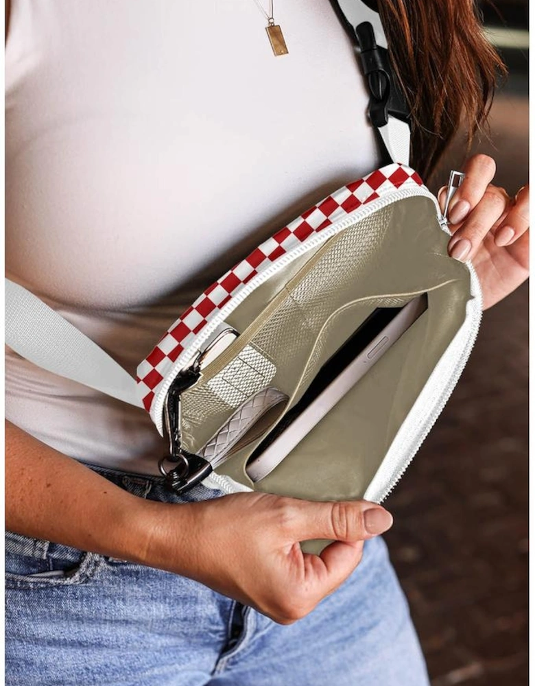 Fiery Red Checkered Print Zipped Buckle Strap Crossbody Bag