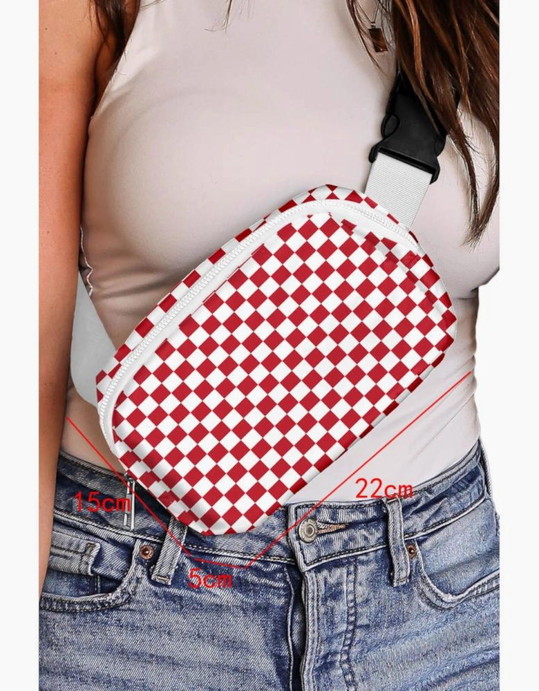 Fiery Red Checkered Print Zipped Buckle Strap Crossbody Bag
