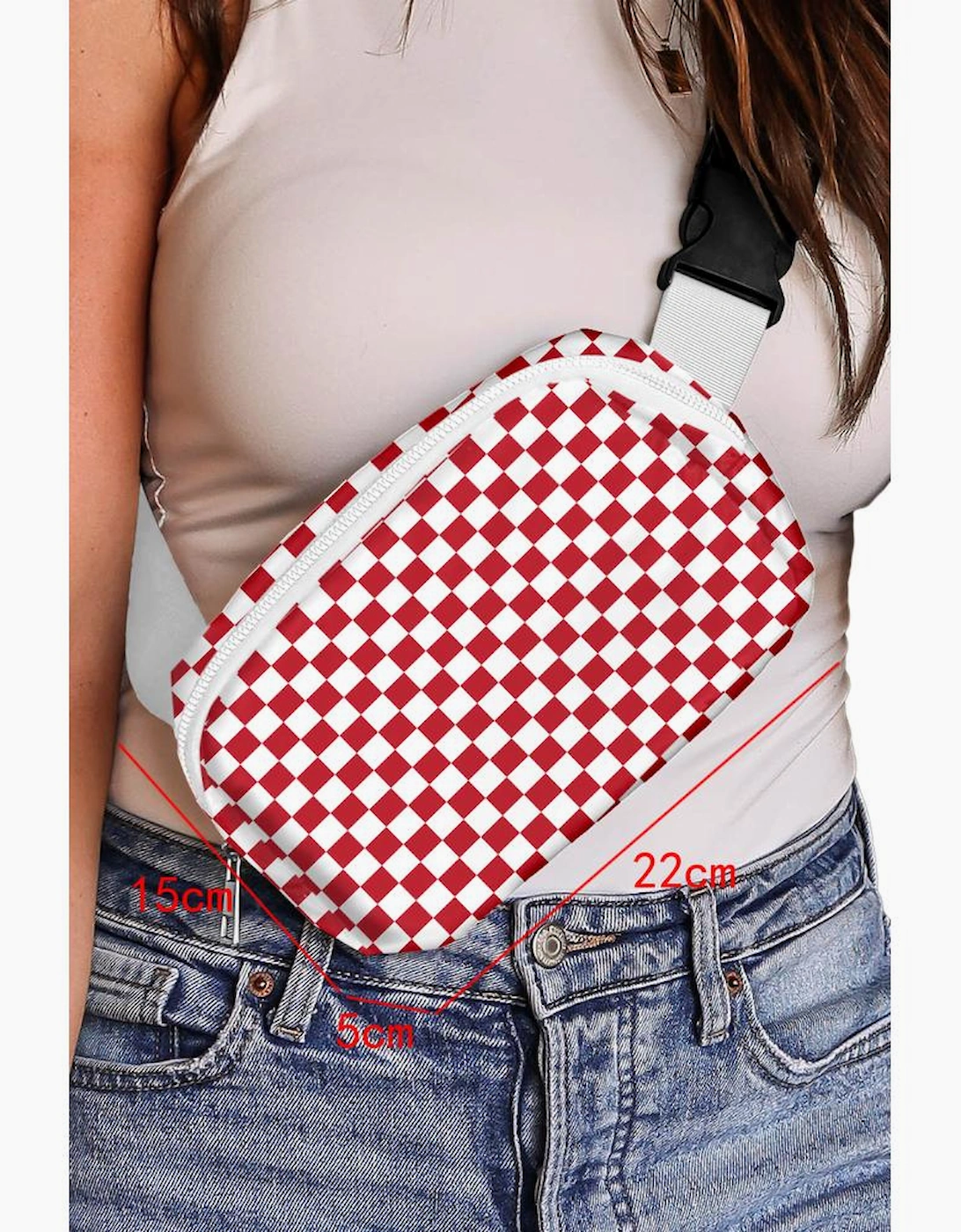 Fiery Red Checkered Print Zipped Buckle Strap Crossbody Bag