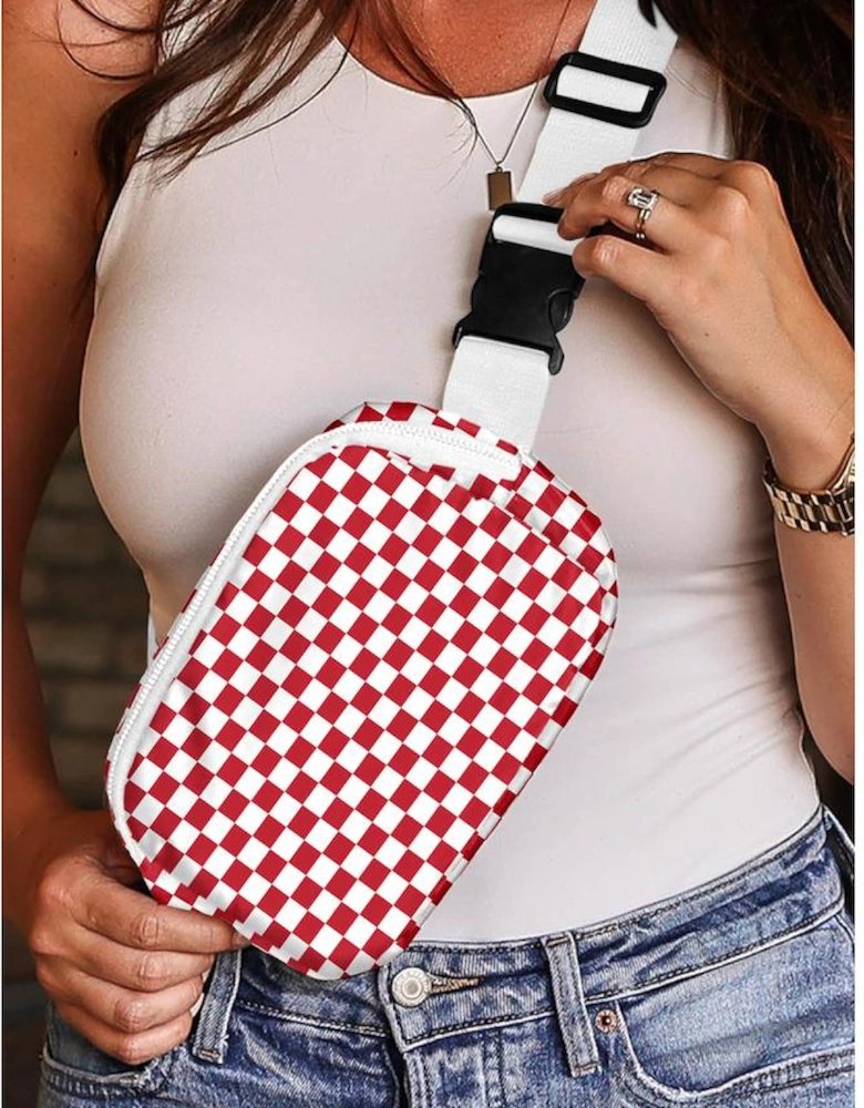 Fiery Red Checkered Print Zipped Buckle Strap Crossbody Bag