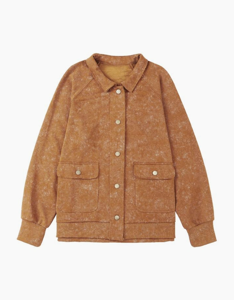 Khaki Vintage Washed Flap Pocket Button Shacket