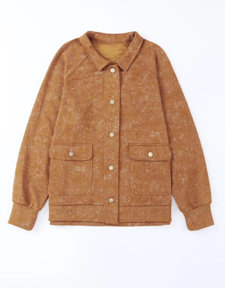 Khaki Vintage Washed Flap Pocket Button Shacket