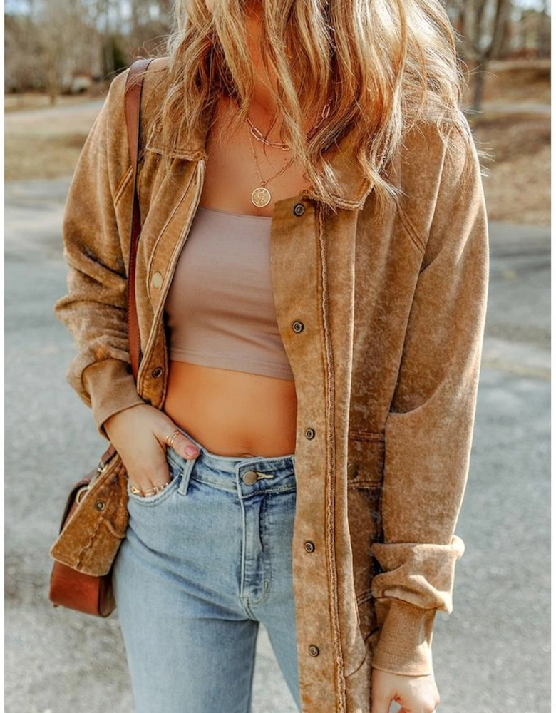 Khaki Vintage Washed Flap Pocket Button Shacket