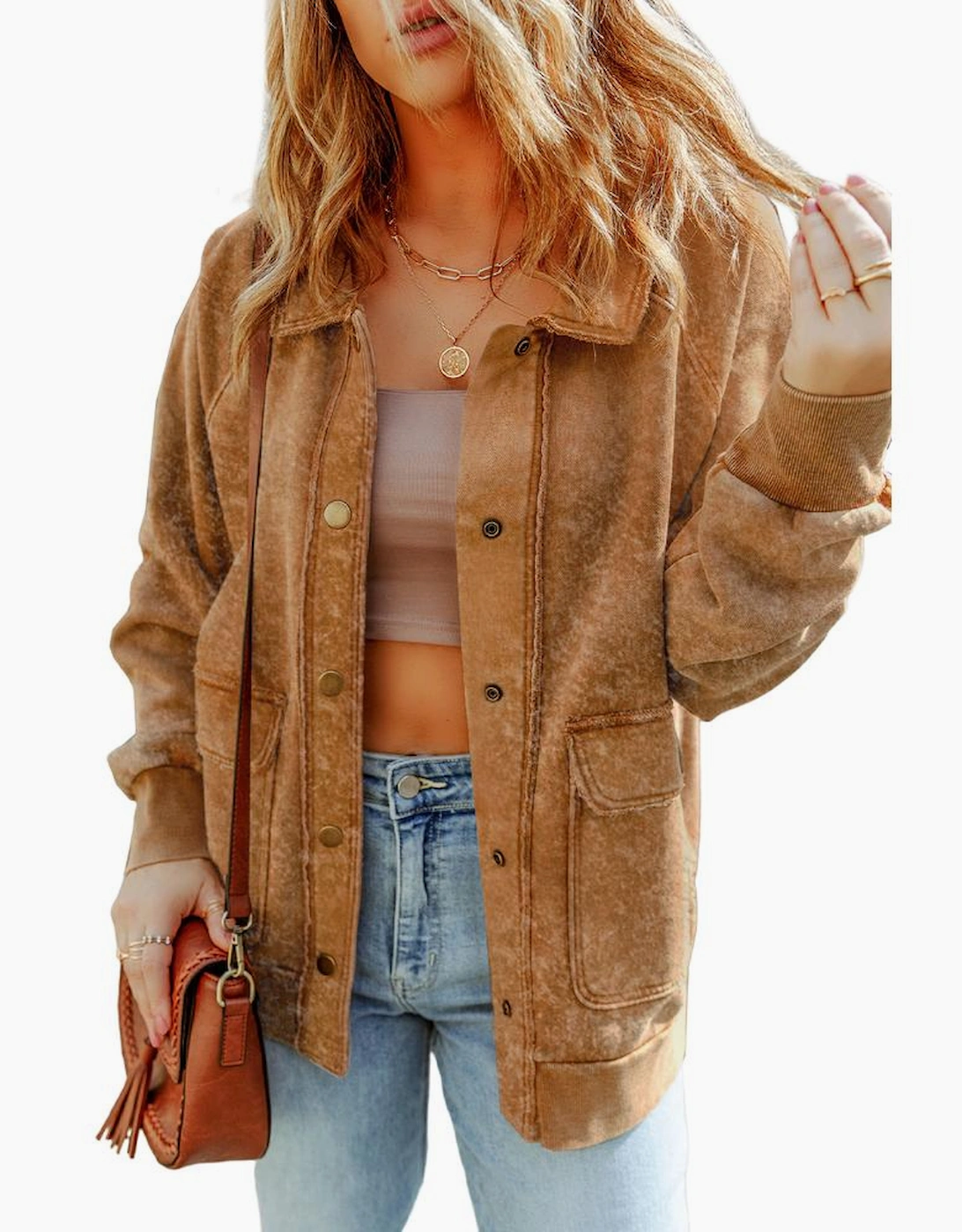 Khaki Vintage Washed Flap Pocket Button Shacket