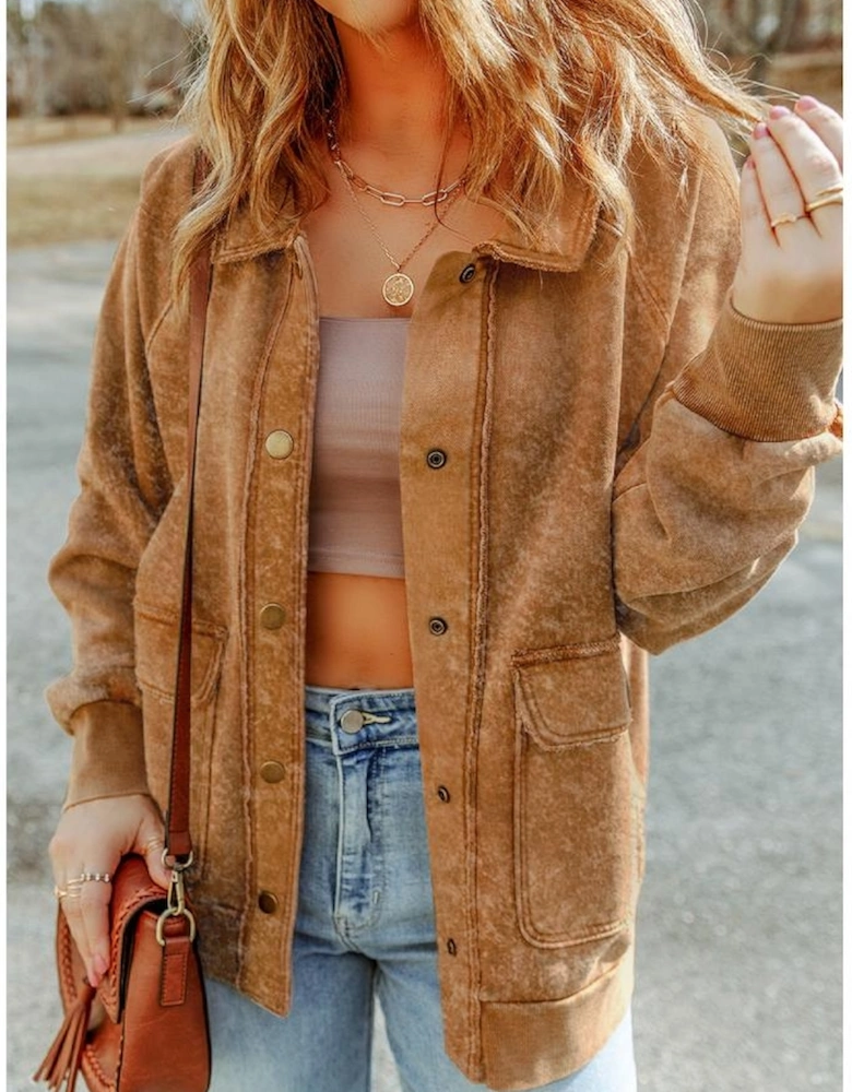 Khaki Vintage Washed Flap Pocket Button Shacket