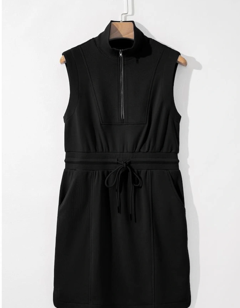 Black French Terry Zipped Collar Sleeveless Drawstring Waist Mini Dress