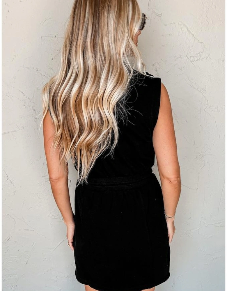 Black French Terry Zipped Collar Sleeveless Drawstring Waist Mini Dress