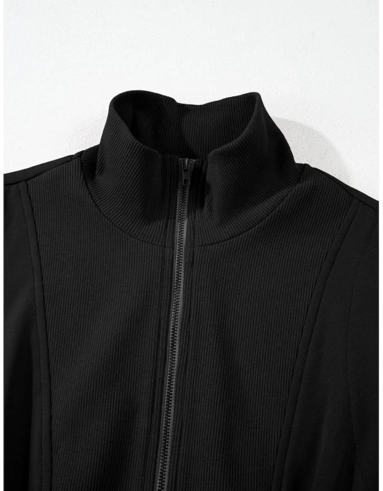 Black French Terry Zipped Collar Sleeveless Drawstring Waist Mini Dress