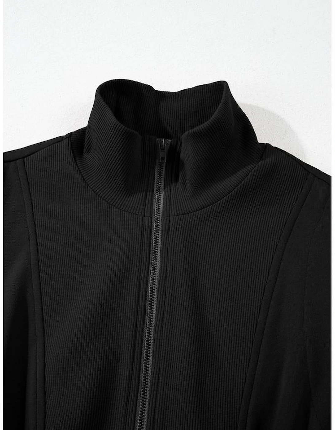 Black French Terry Zipped Collar Sleeveless Drawstring Waist Mini Dress