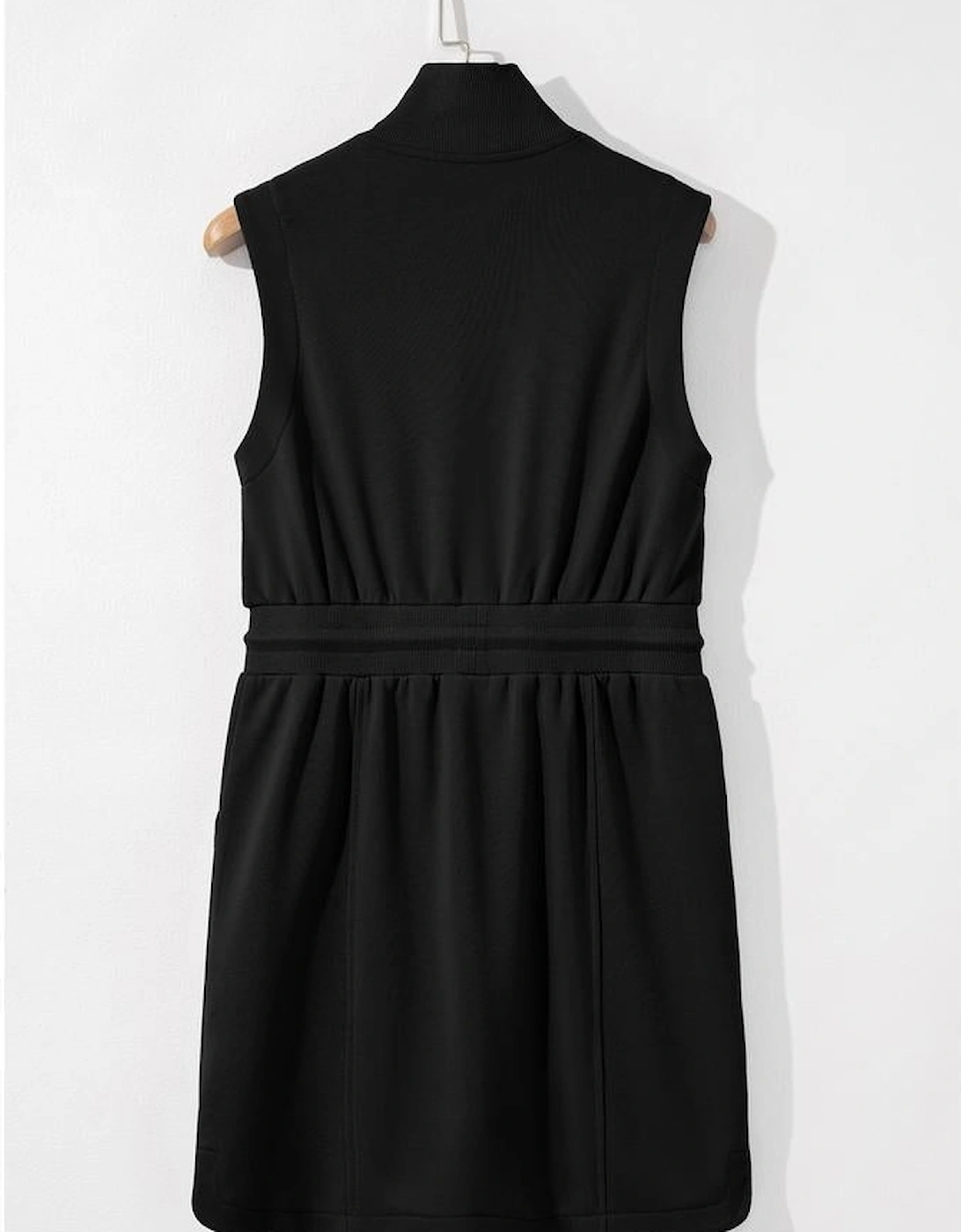 Black French Terry Zipped Collar Sleeveless Drawstring Waist Mini Dress