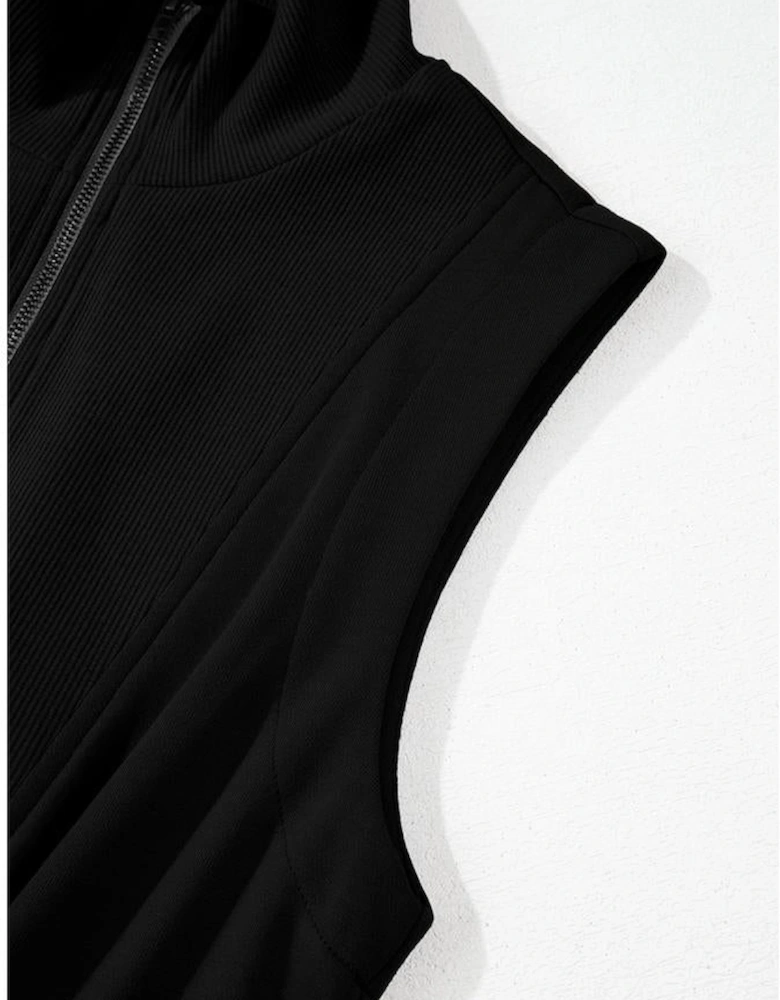 Black French Terry Zipped Collar Sleeveless Drawstring Waist Mini Dress