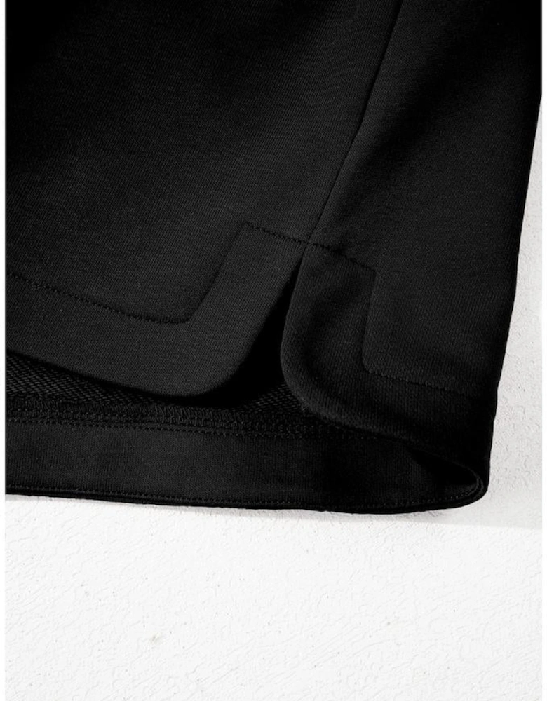 Black French Terry Zipped Collar Sleeveless Drawstring Waist Mini Dress