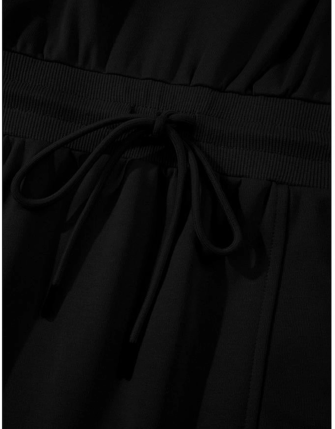 Black French Terry Zipped Collar Sleeveless Drawstring Waist Mini Dress