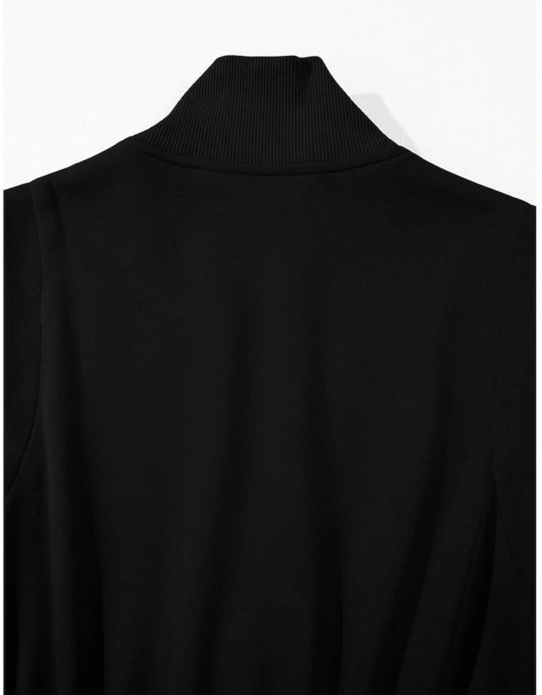 Black French Terry Zipped Collar Sleeveless Drawstring Waist Mini Dress