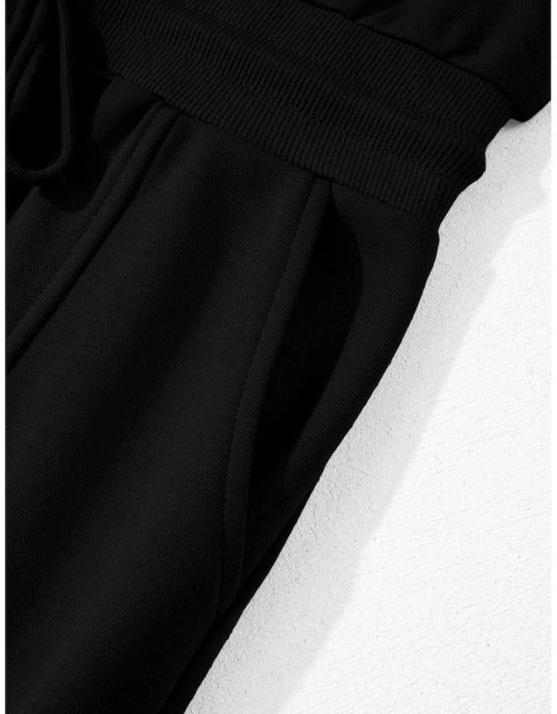 Black French Terry Zipped Collar Sleeveless Drawstring Waist Mini Dress