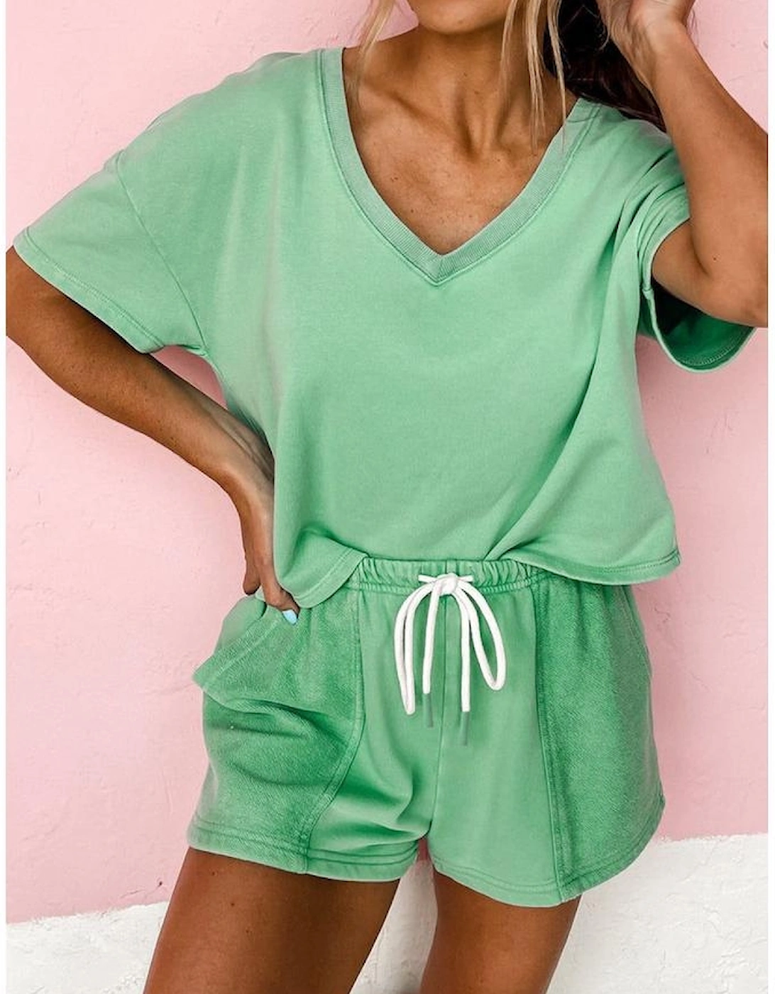 Mint Green V Neck Drop Shoulder Tee and Patchwork Drawstring Shorts Set