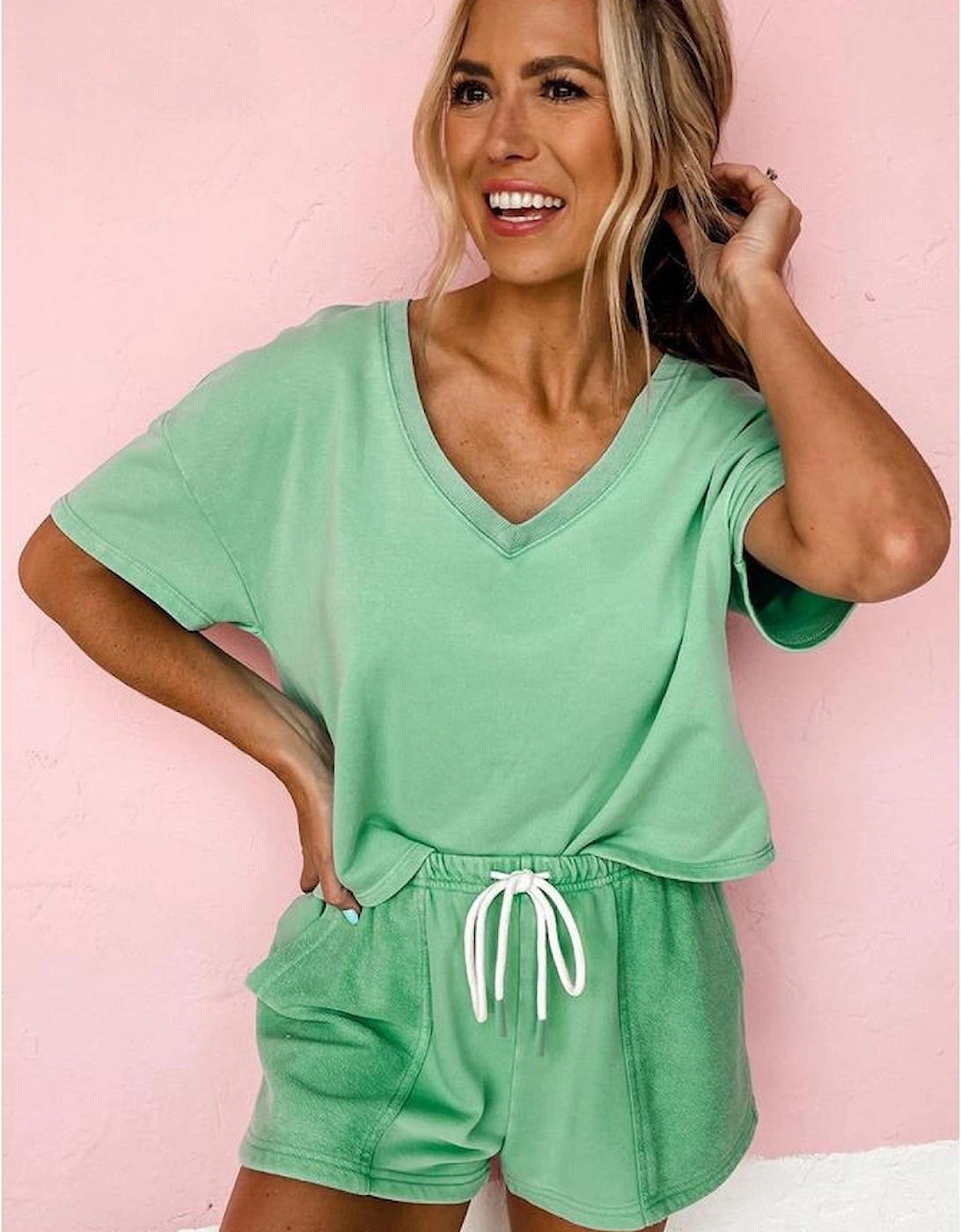 Mint Green V Neck Drop Shoulder Tee and Patchwork Drawstring Shorts Set