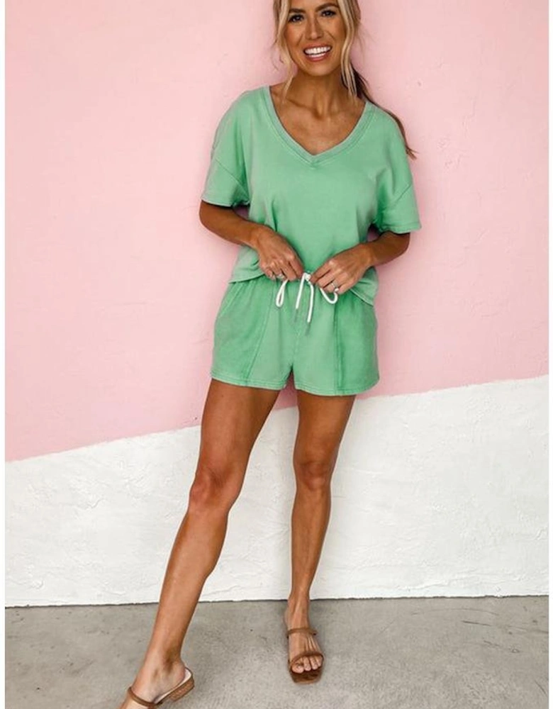 Mint Green V Neck Drop Shoulder Tee and Patchwork Drawstring Shorts Set
