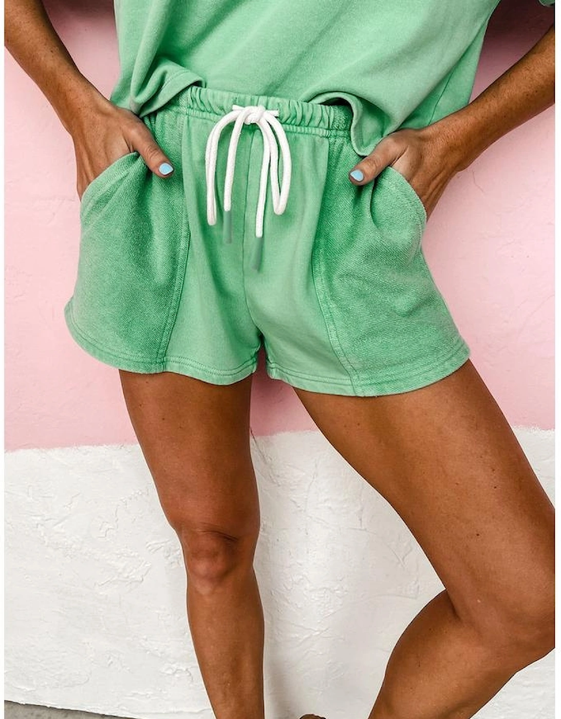Mint Green V Neck Drop Shoulder Tee and Patchwork Drawstring Shorts Set