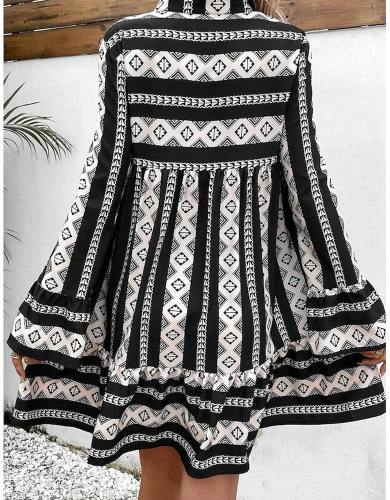 Black Boho Geometric Printed Flared Long Sleeve Mini Dress