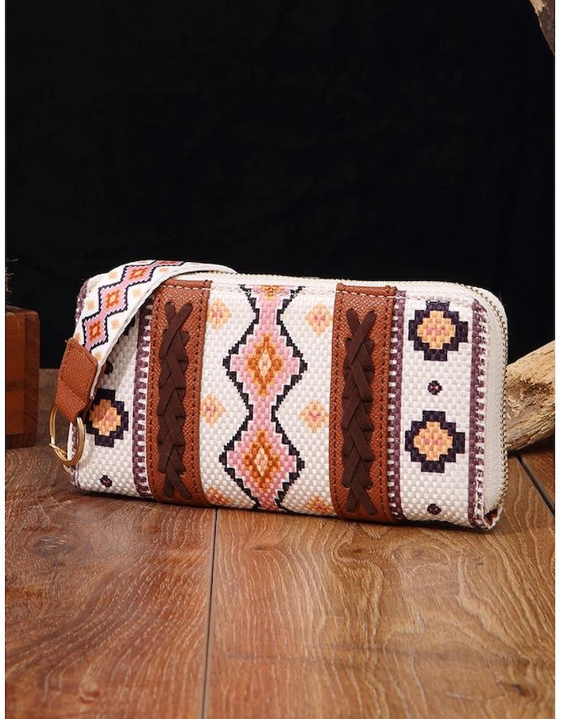 White Western Aztec Print PU Leather Wristlet Wallet