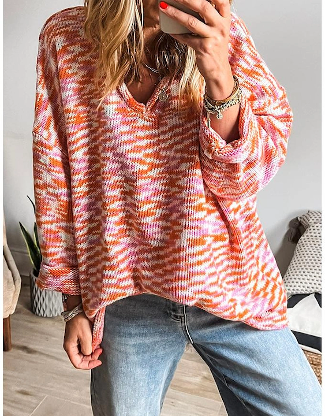 Orange Vibrant Abstract Print Drop Shoulder V Neck Tunic Oversized Sweater