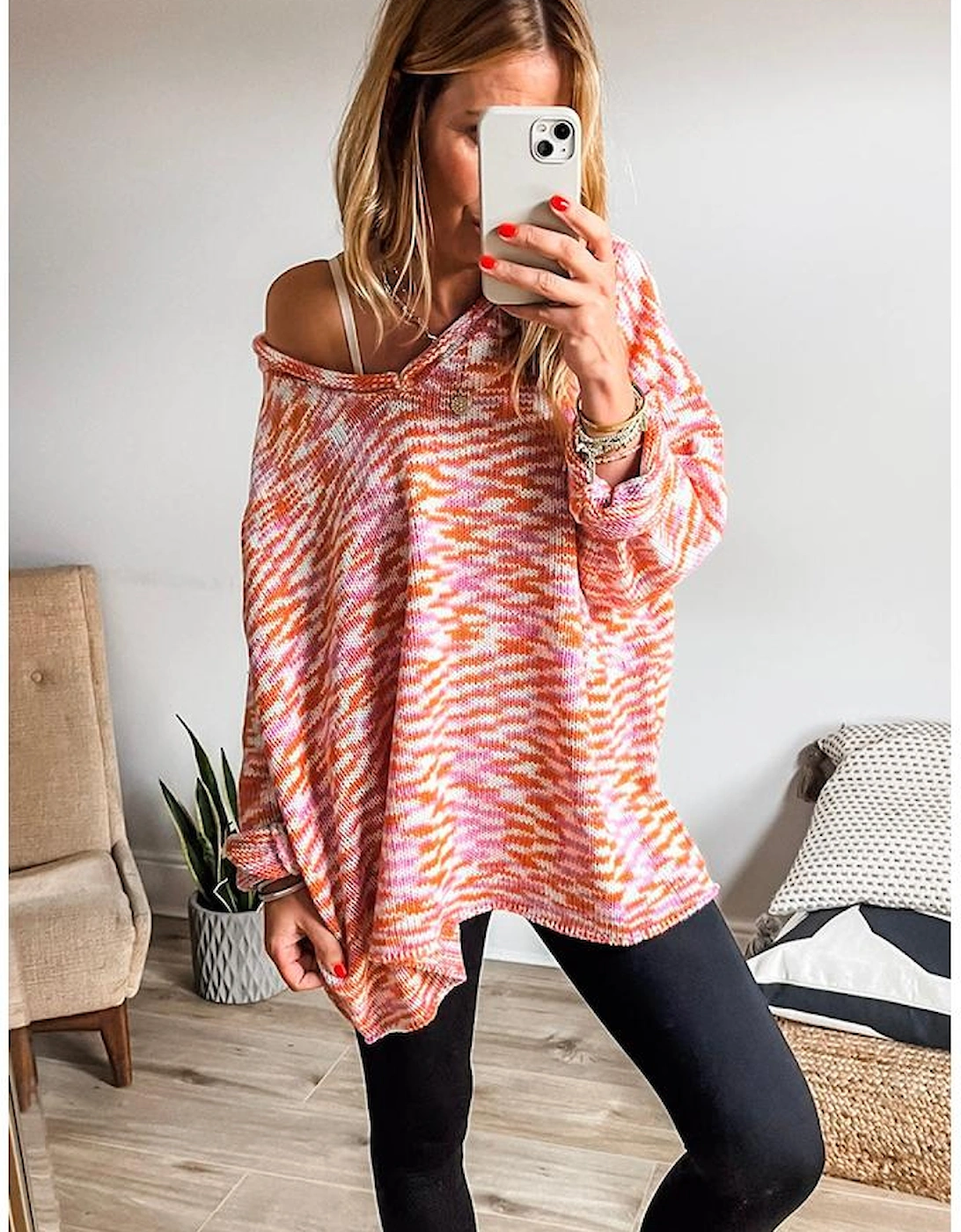Orange Vibrant Abstract Print Drop Shoulder V Neck Tunic Oversized Sweater