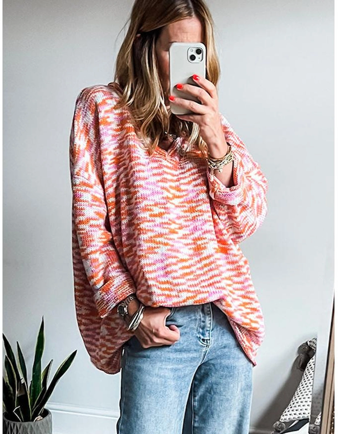 Orange Vibrant Abstract Print Drop Shoulder V Neck Tunic Oversized Sweater