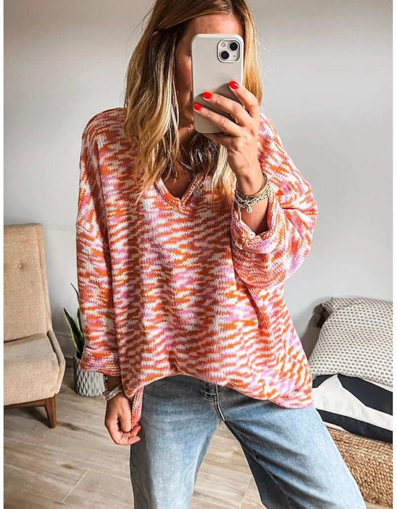 Orange Vibrant Abstract Print Drop Shoulder V Neck Tunic Oversized Sweater