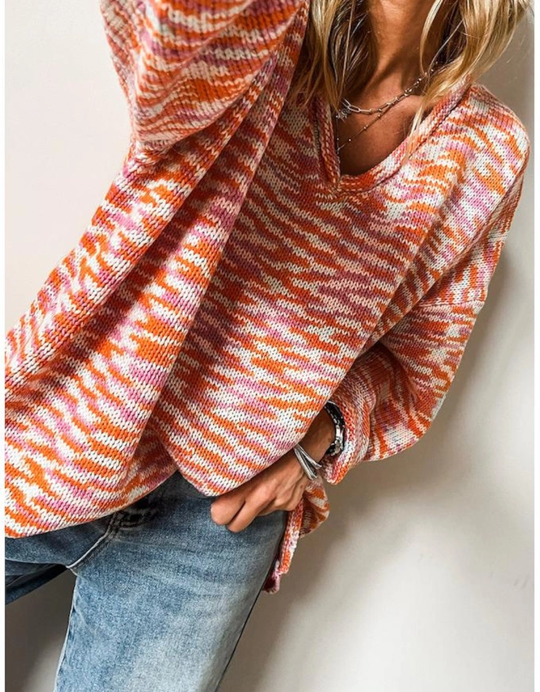 Orange Vibrant Abstract Print Drop Shoulder V Neck Tunic Oversized Sweater